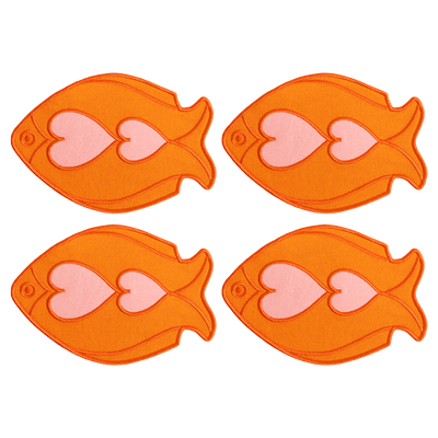 Four Fish Splash Coasters (Set of 4) by Octaevo, orange with pink hearts, arranged in two rows on transparent.