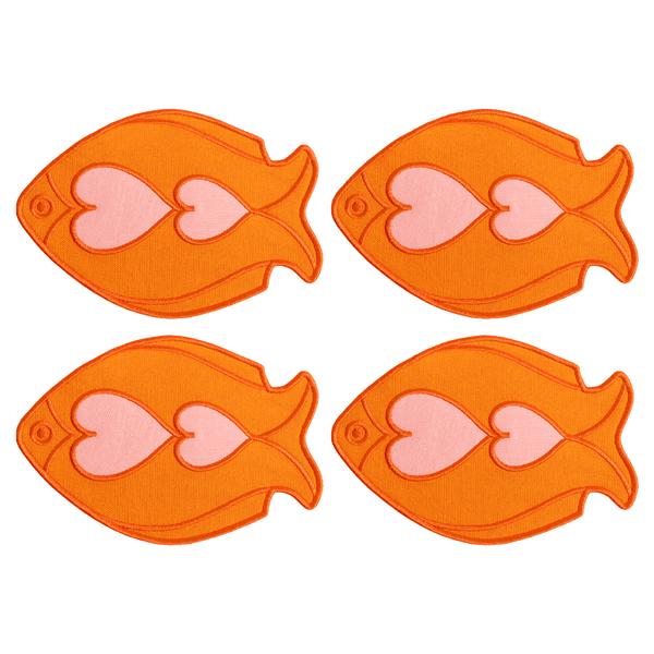 Four Fish Splash Coasters (Set of 4) by Octaevo, orange with pink hearts, arranged in two rows on transparent.