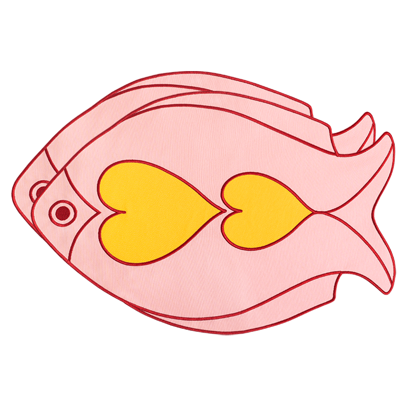 OCTAEVO Fish Splash Placemats (Set of 2) feature a pink fish with red outlines and yellow hearts—great for Mediterranean dining.