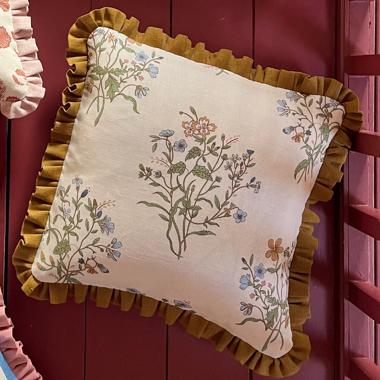 Flax & Field Flower Print Cushion with Old Gold Frill