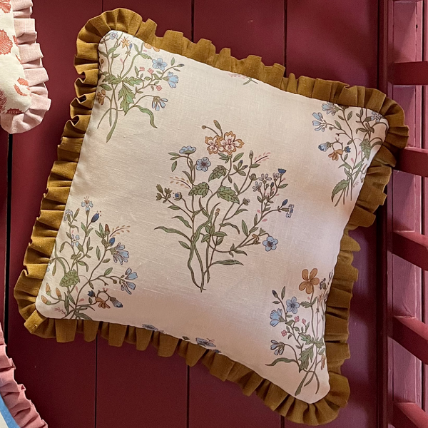 Flax & Field Flower Print Cushion with Old Gold Frill