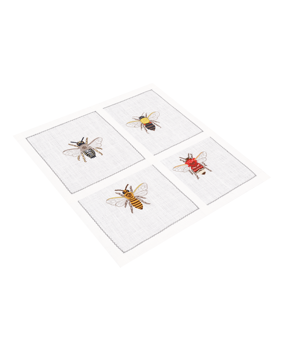 Hand Embroidered Flight of Bees Cocktail Napkins 6" x 6" (Set of 4)