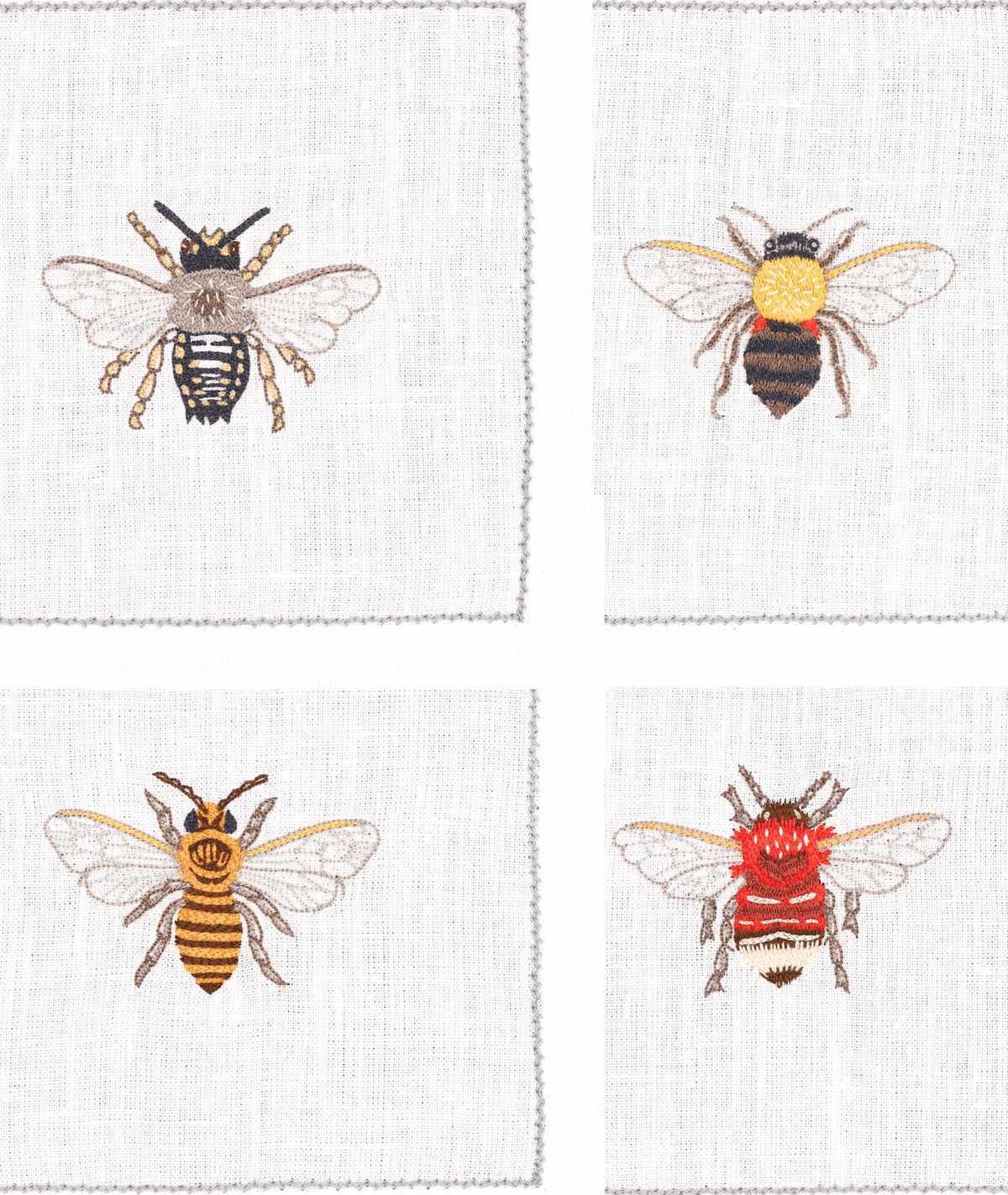 Hand Embroidered Flight of Bees Cocktail Napkins 6" x 6" (Set of 4)