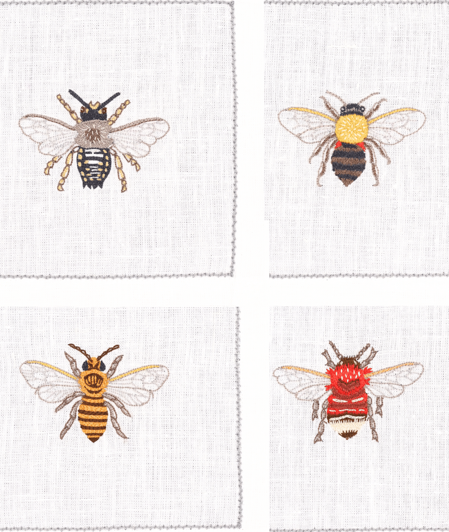 Hand Embroidered Flight of Bees Cocktail Napkins 6" x 6" (Set of 4)