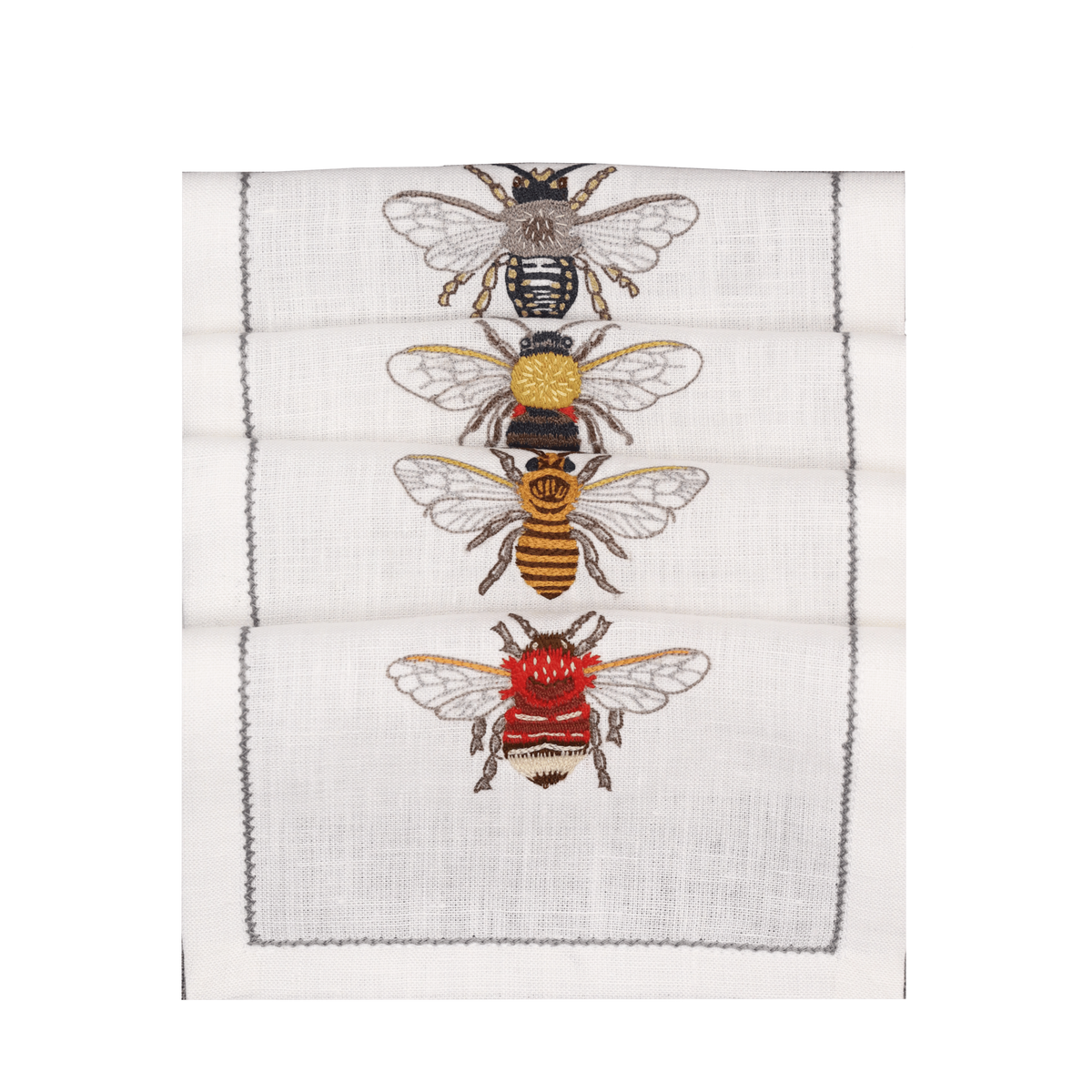 Hand Embroidered Flight of Bees Cocktail Napkins 6" x 6" (Set of 4)