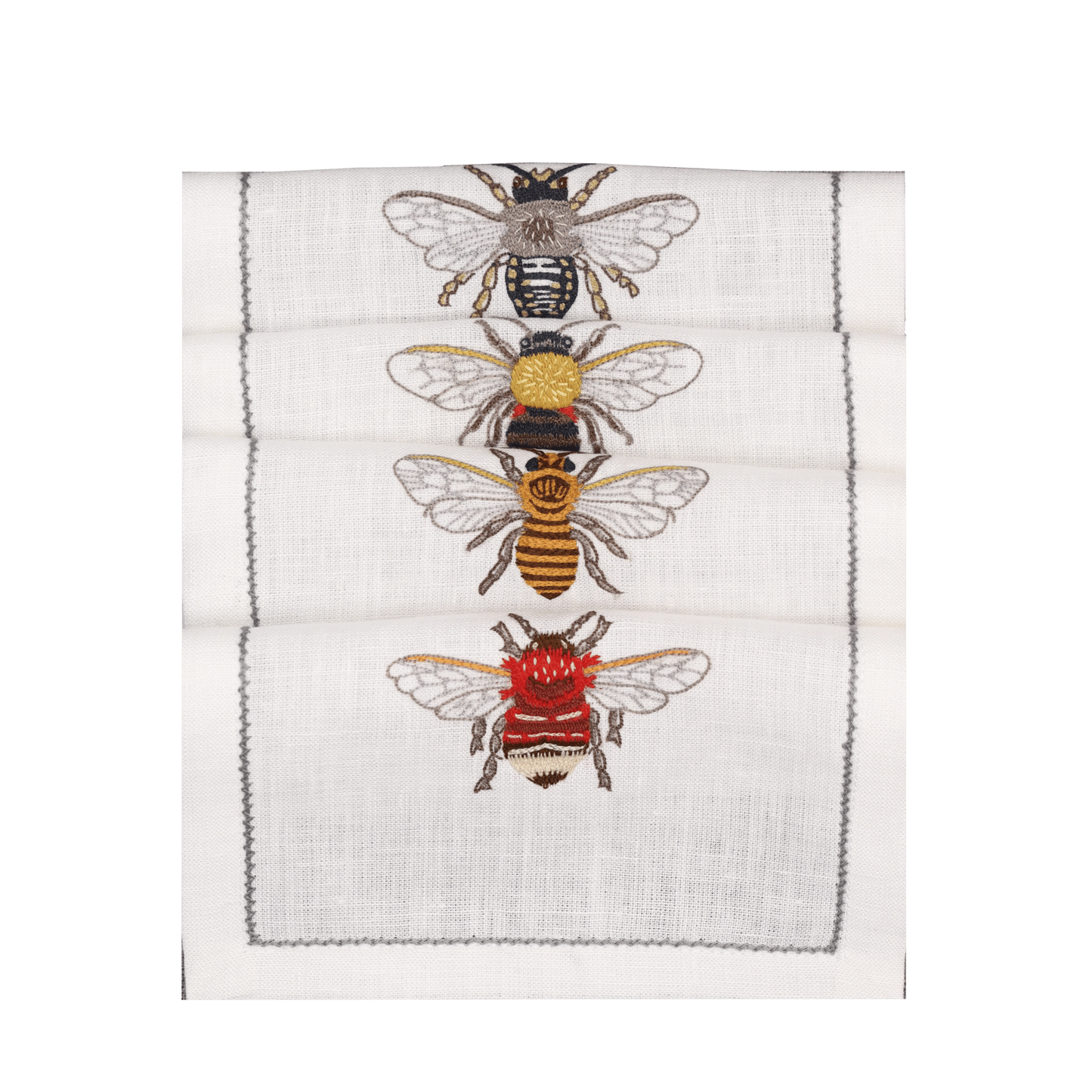 Hand Embroidered Flight of Bees Cocktail Napkins 6" x 6" (Set of 4)