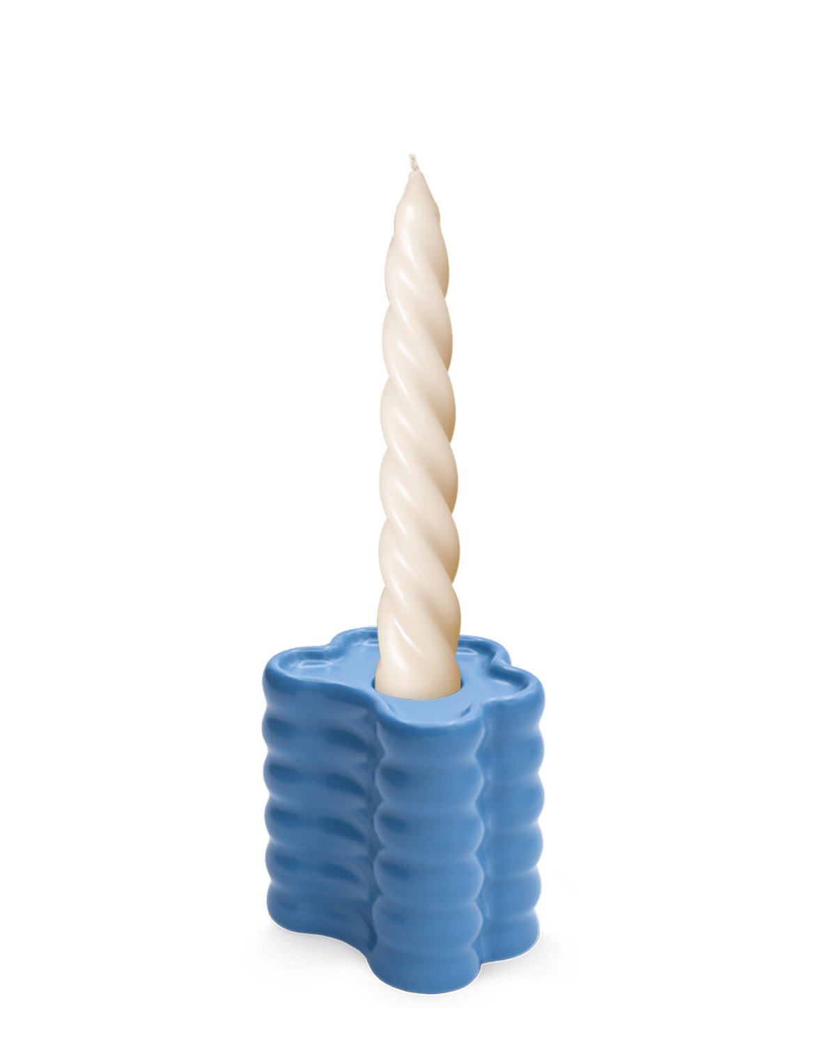 The Flora Candle Holder in Blue by OCTAEVO is a wavy, cloud-shaped ceramic holder for a twisted ivory candle.