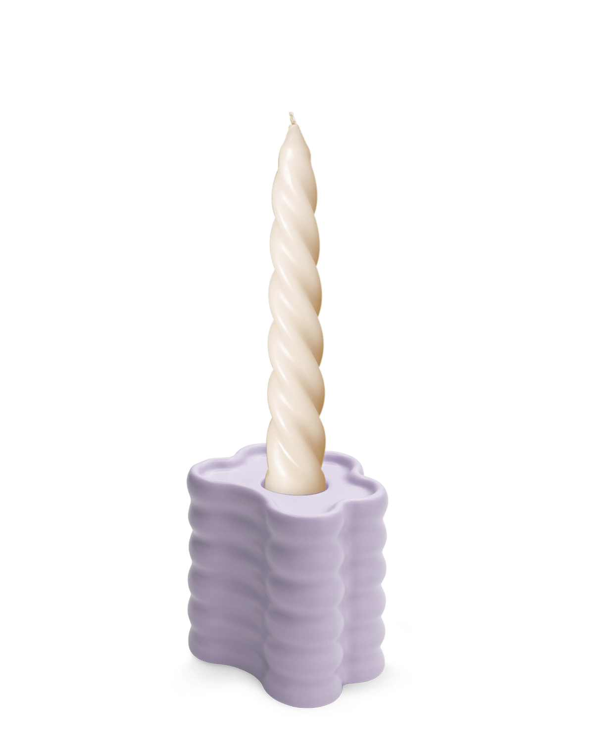 A twisted ivory candle sits in OCTAEVO’s hand-glazed Flora Candle Holder in Purple against a white background.