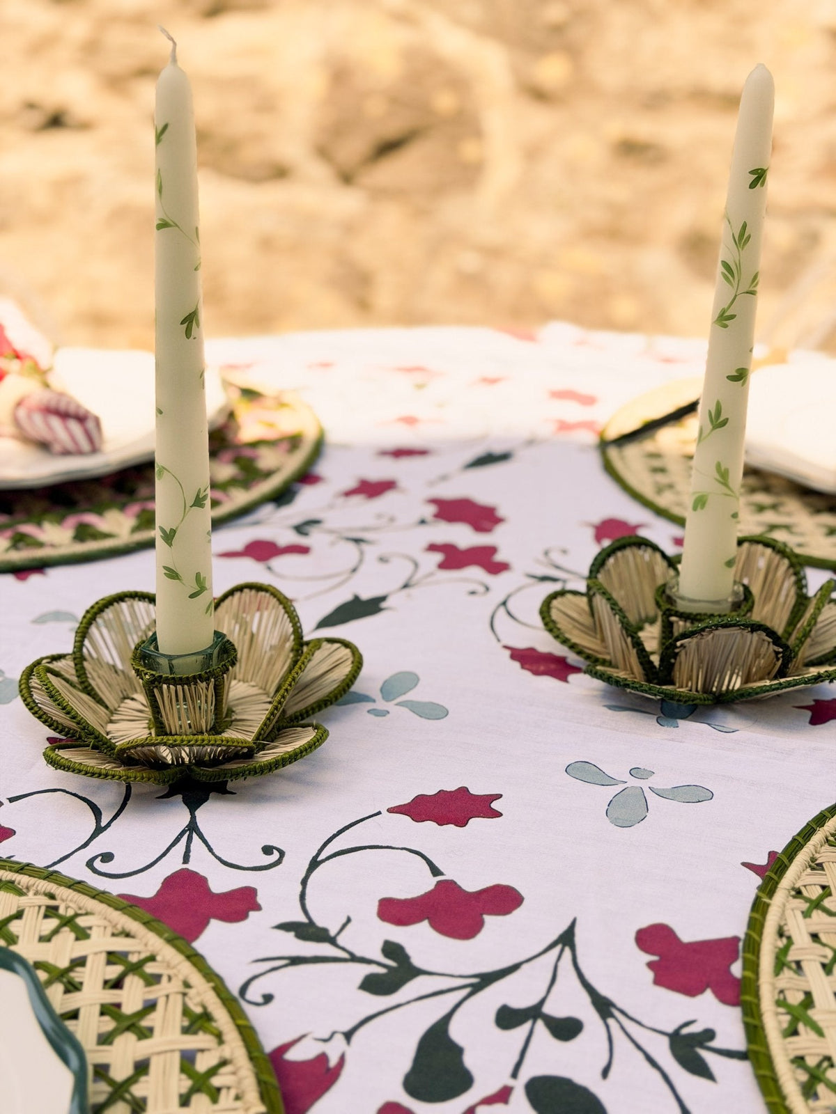 Pair of Hand-Painted Taper Candles in Green