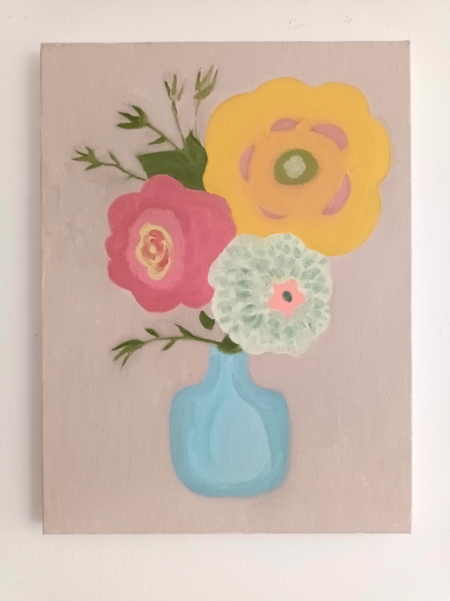 Oil painting flowers in a blue vase