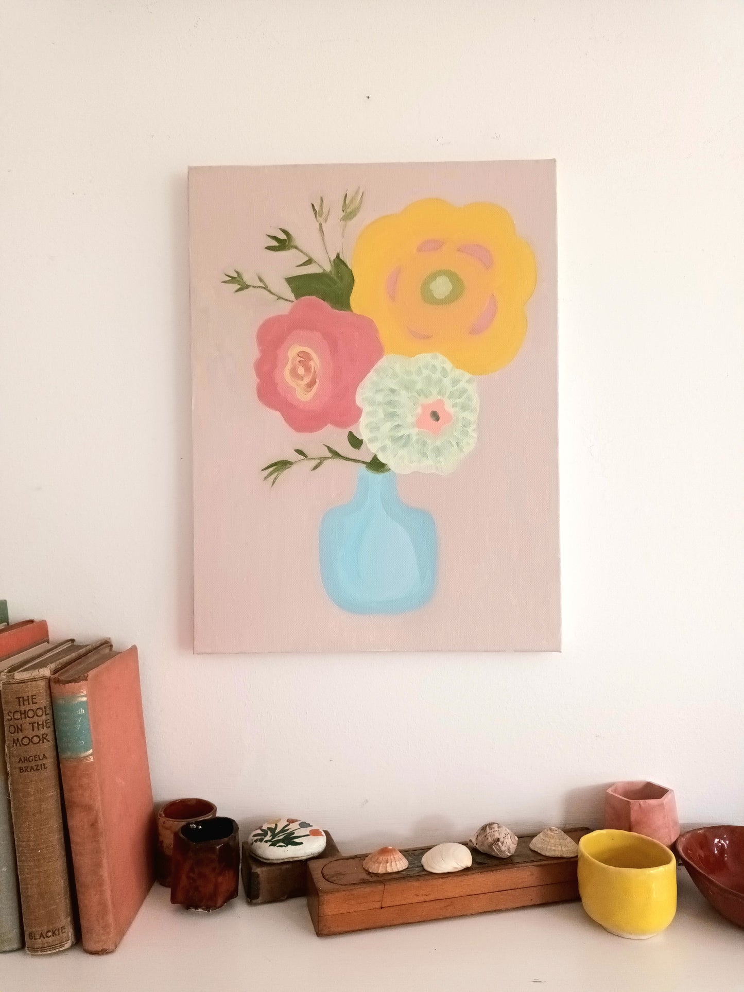 Oil painting flowers in a blue vase - on wall