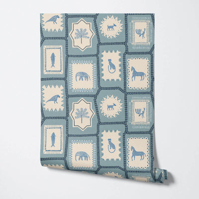 Folk Tales wallpaper in Blue showing repeat pattern with illustrated animals