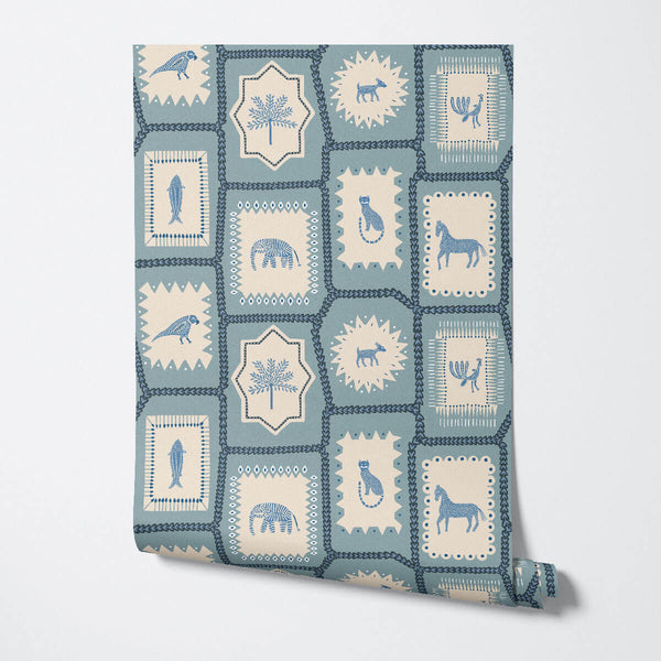 Folk Tales wallpaper in Blue showing repeat pattern with illustrated animals