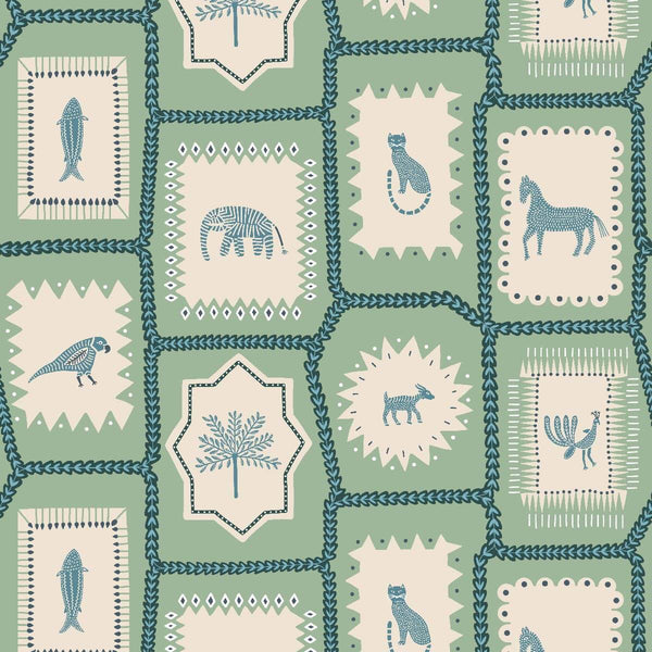 Folk Tales wallpaper in pistachio green with illustrated animals in a folk-inspired design