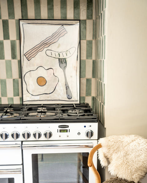 framed eggs bacon tea towel