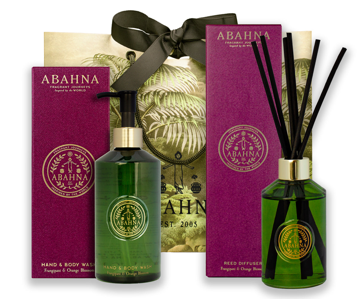Abahna Frangipani & Orange Blossom cloakroom set – reed diffuser and hand wash duo