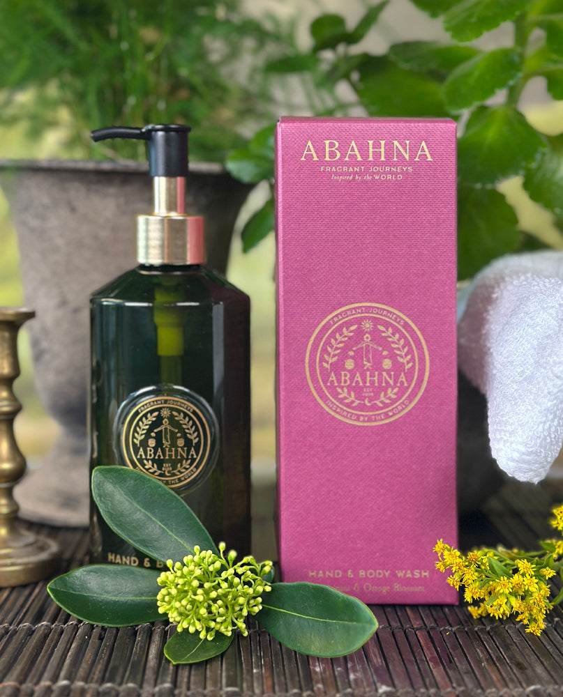 Elegant cloakroom gift set – Abahna Frangipani & Orange Blossom hand wash and reed diffuser
