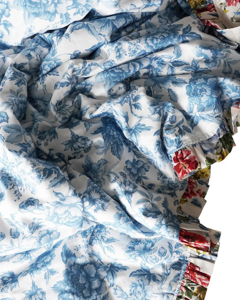 Reversible Ruffle-Edge Heirloom Quilt Made With Liberty Fabrics & Bridgerton Bow Bouquet Blue & Regency Trail China Blue