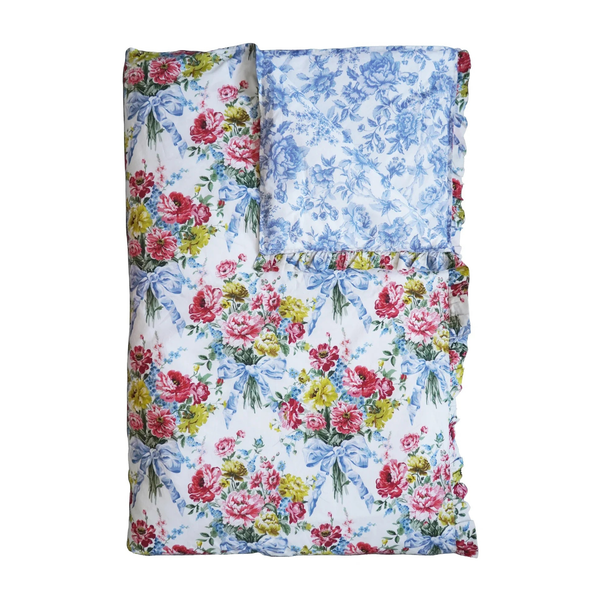 Reversible Ruffle-Edge Heirloom Quilt Made With Liberty Fabrics & Bridgerton Bow Bouquet Blue & Regency Trail China Blue