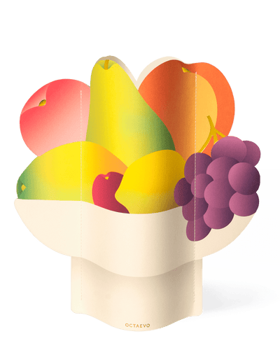OCTAEVO Fruit Bowl Paper Vase: a white centerpiece, vibrantly adorned with grapes, pears, peaches, and lemon.