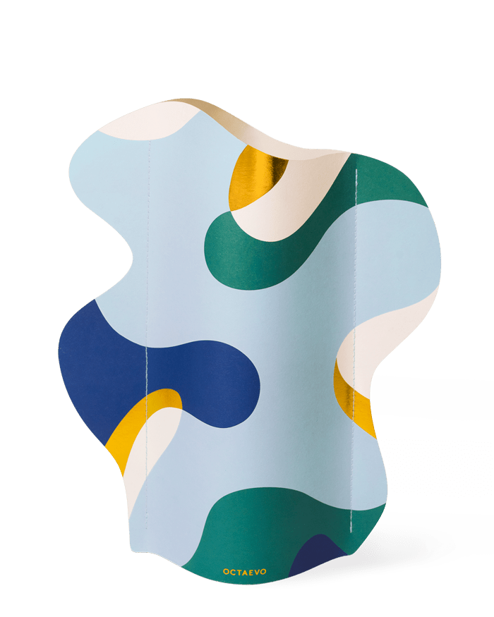 The OCTAEVO Gaia Paper Vase features a curved, water-resistant design with abstract blue, green, gold & white shapes.