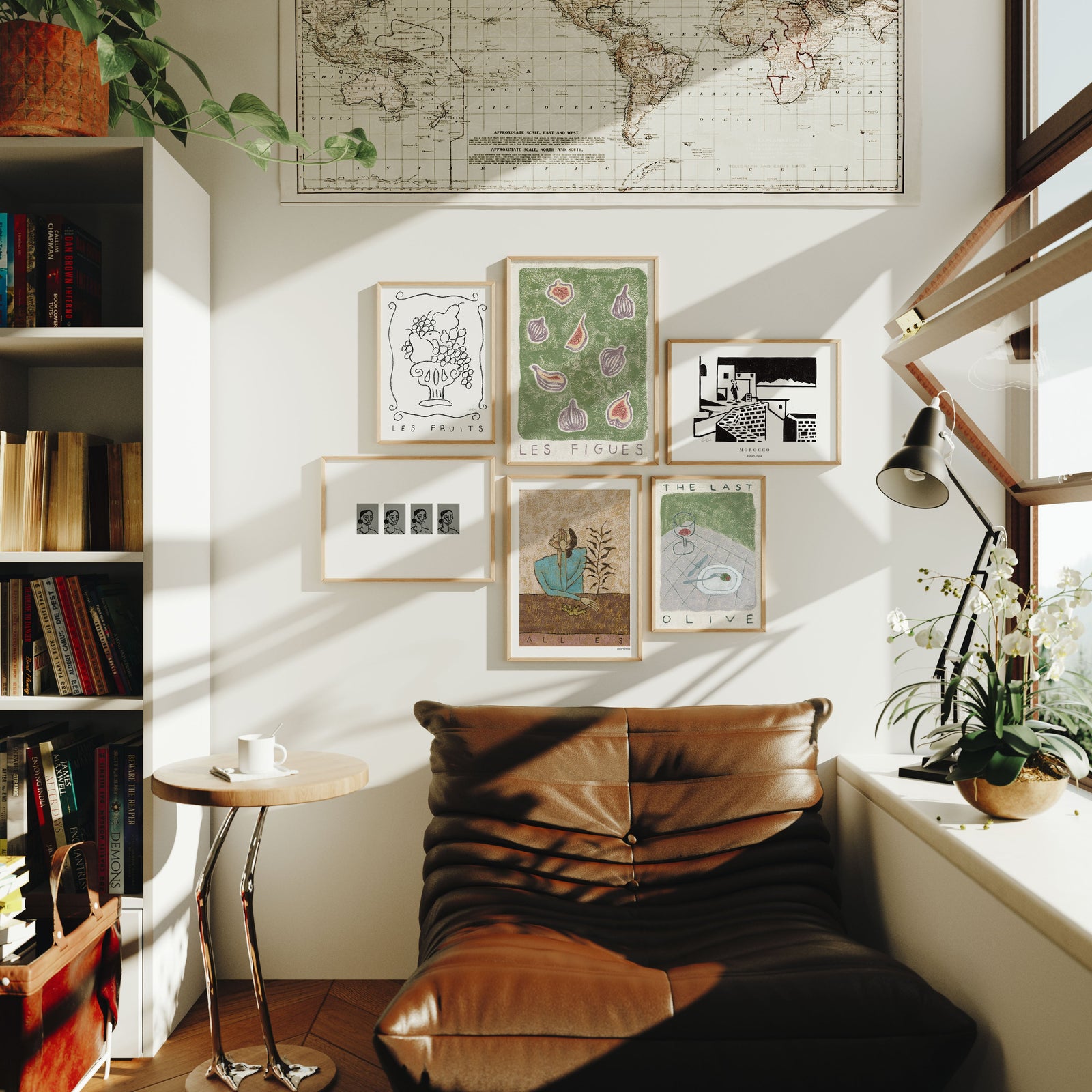 modern German apartment with a brown couch and a small gallery wall 