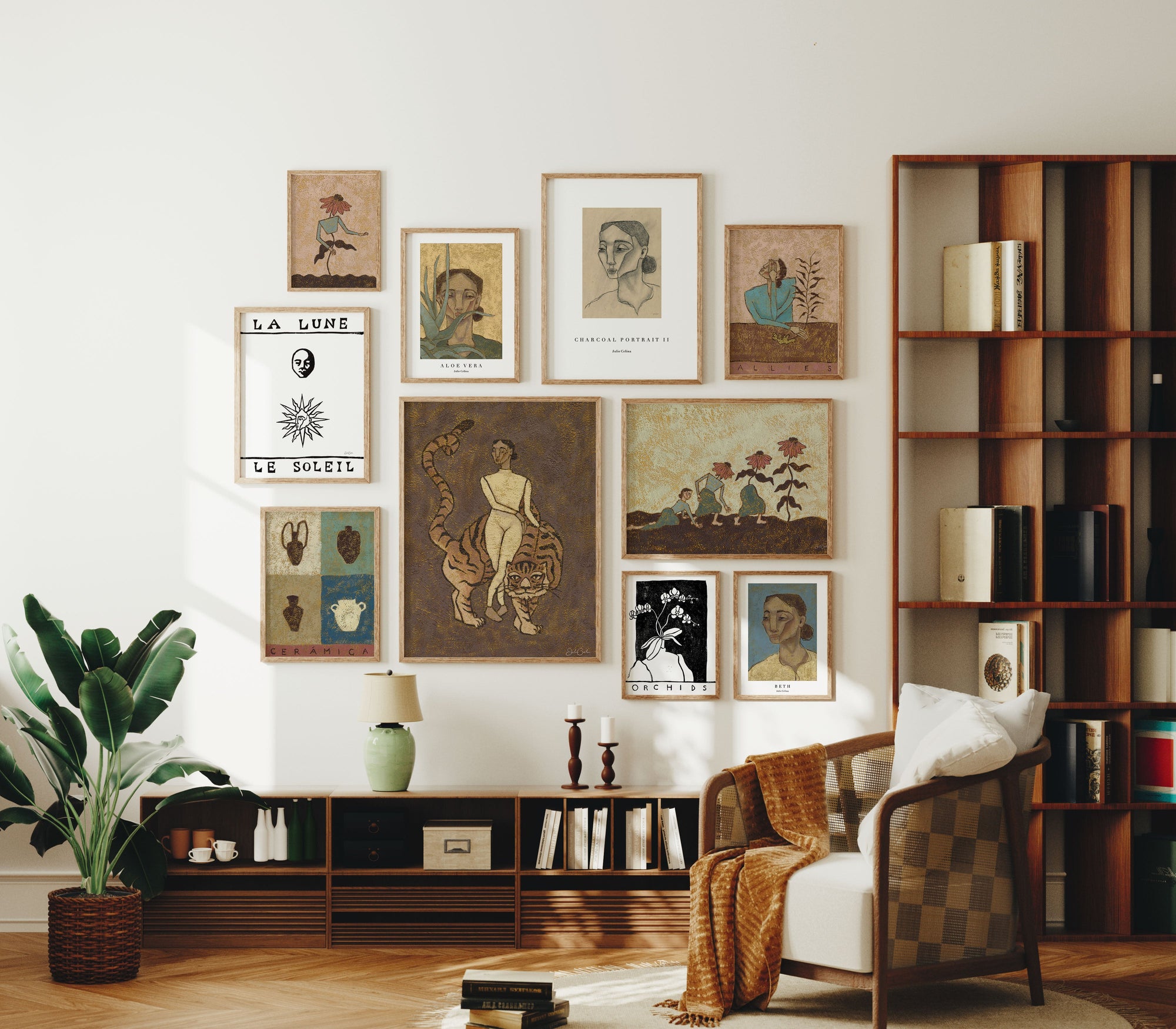 gallery wall in brown, warm tones 