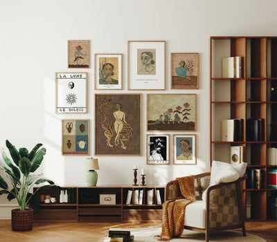 gallery wall in brown, warm tones 