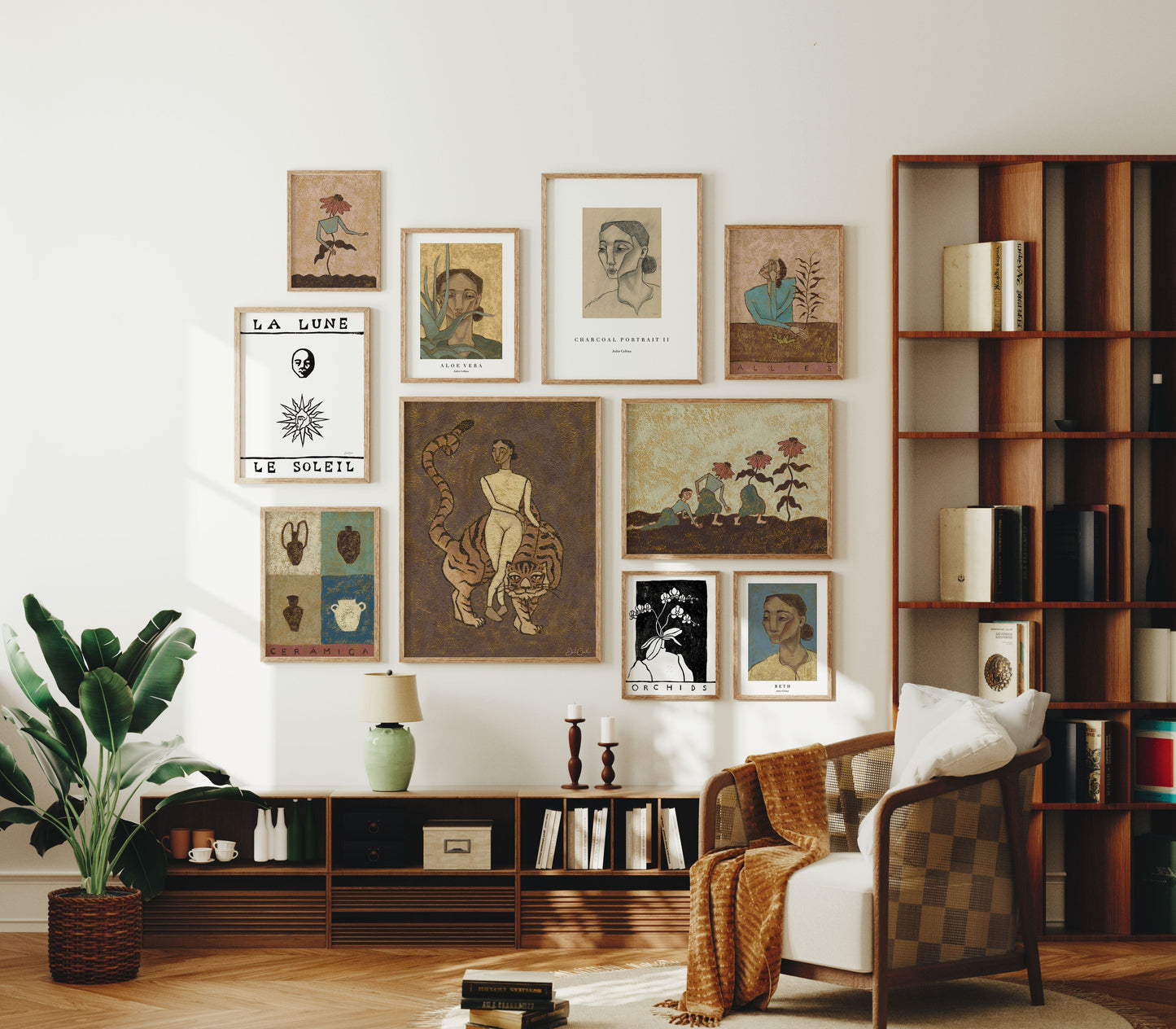 gallery wall in brown, warm tones 
