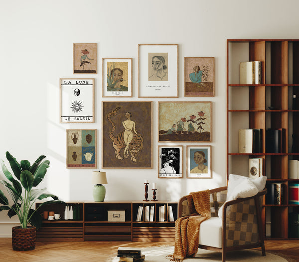 gallery wall in brown, warm tones 