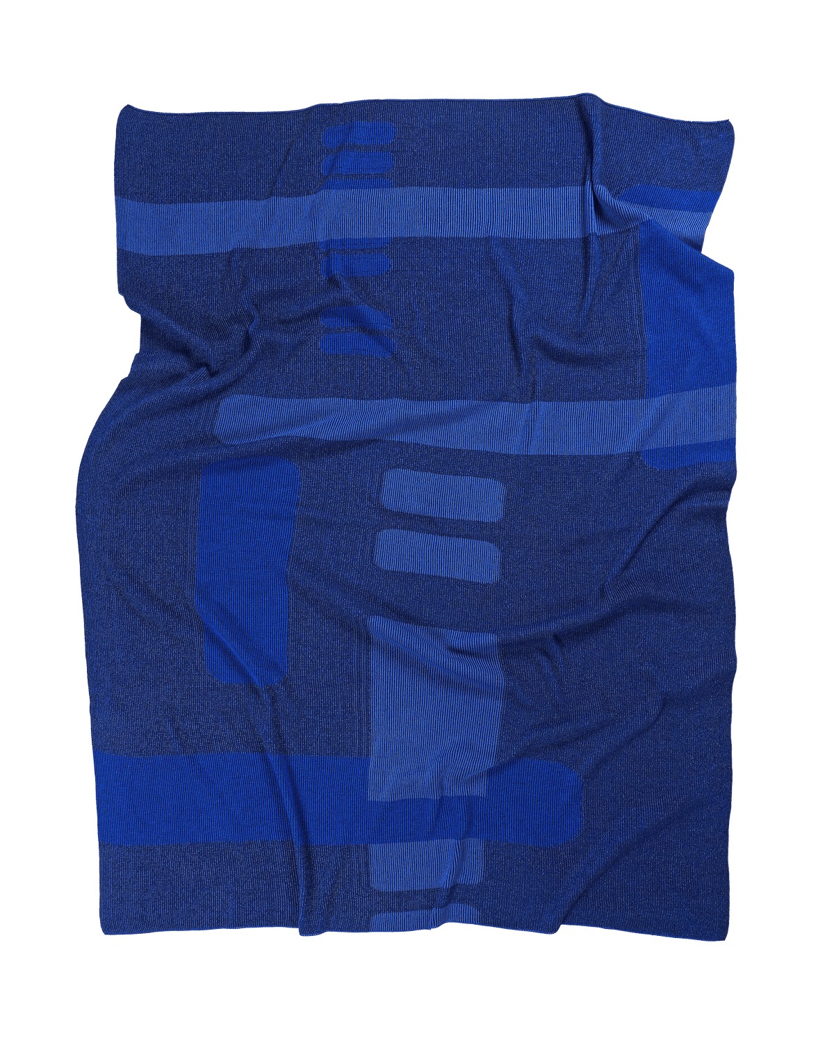 front side of blue geometric column knit blanket in merino wool and organic cotton