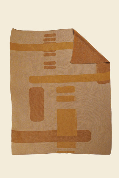 ochre geometric column knit blanket with flipped corner in merino wool and organic cotton