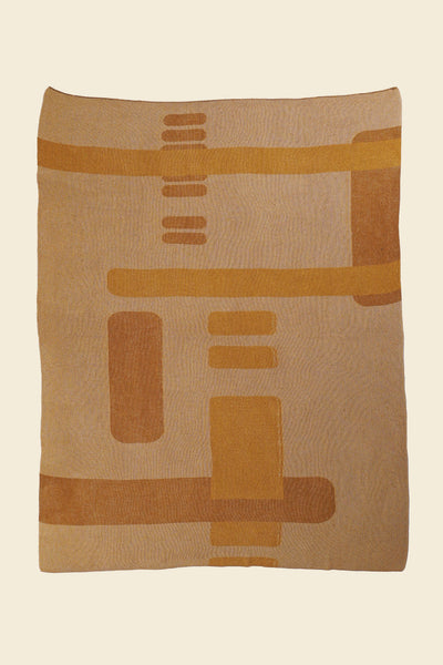 laid flat ochre geometric column knit blanket in merino wool and organic cotton