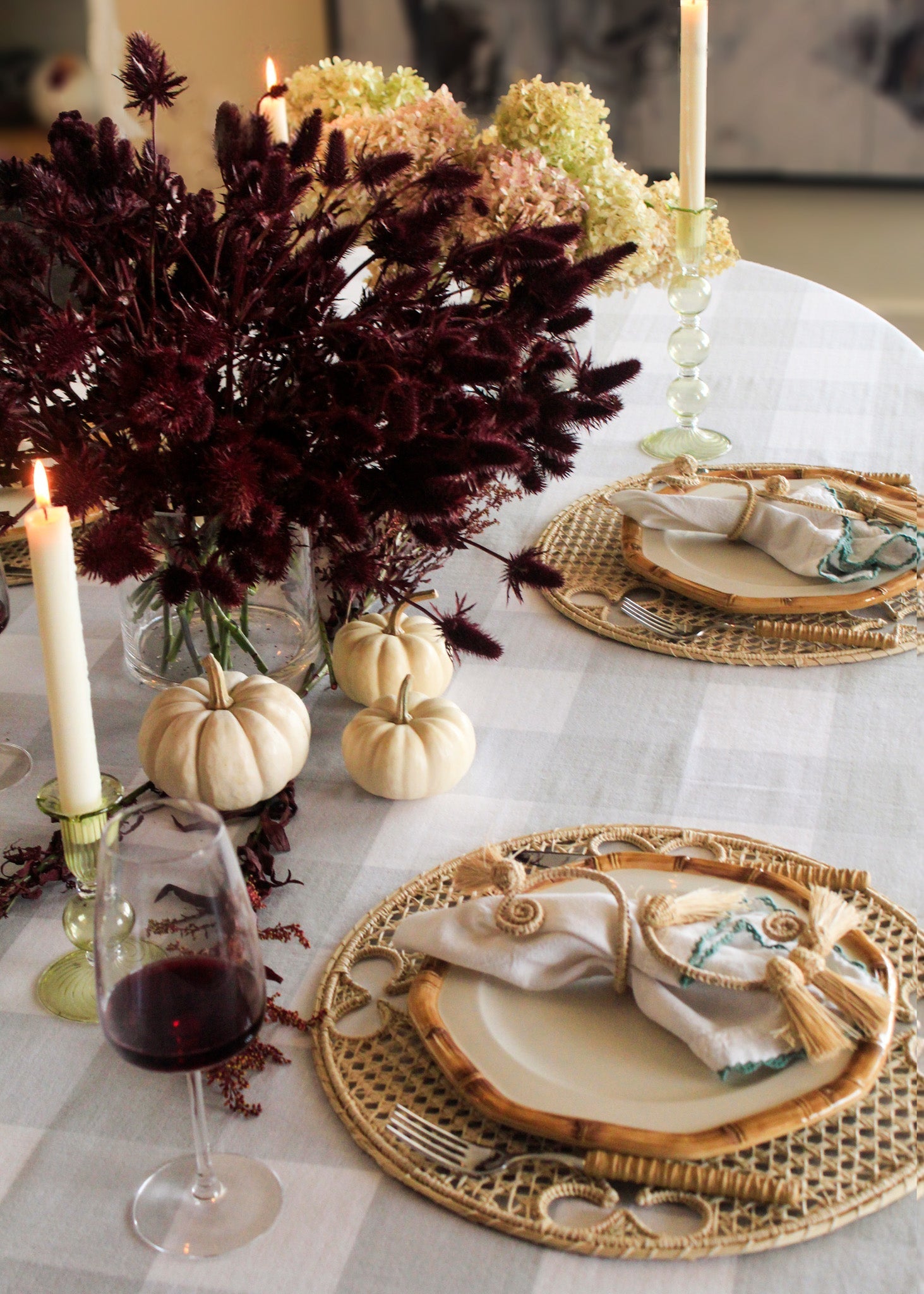 Green reversible tablecloth ideal for summer entertaining, wedding tables, and alfresco dining.