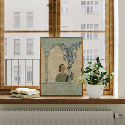Framed artwork of a woman in Italy on a windowsill with books and a plant