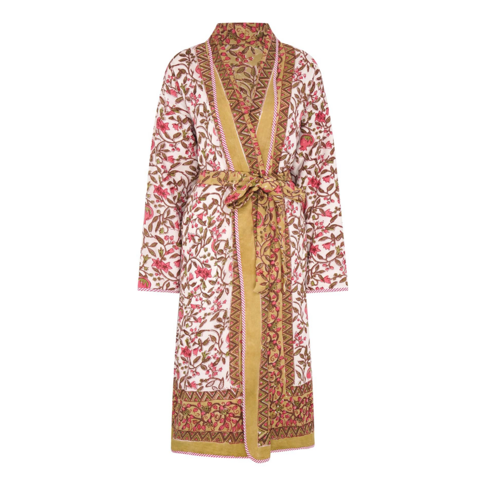 Reversible block printed robe in a dark yellow and red floral pattern with geometric details