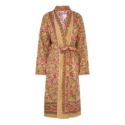 Reversible block printed robe in a dark yellow and red floral pattern with geometric details