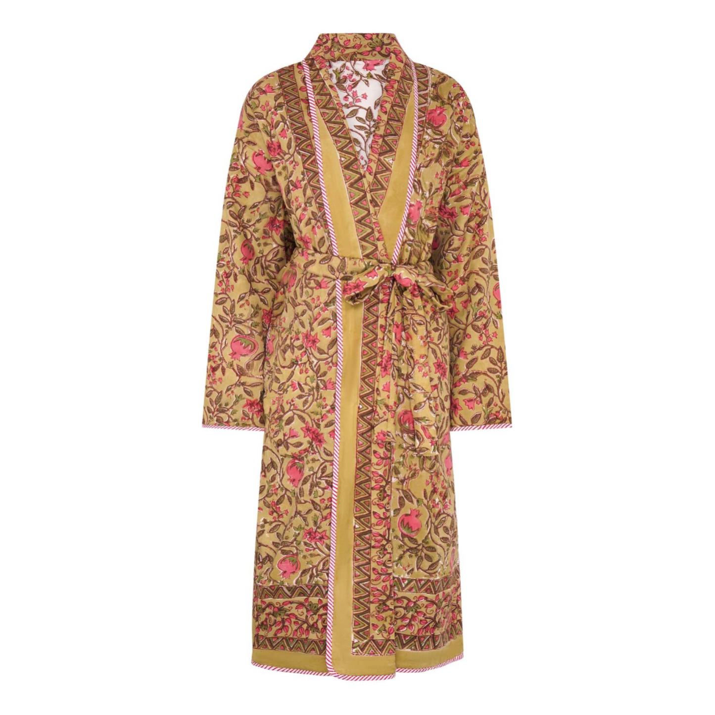 Reversible block printed robe in a dark yellow and red floral pattern with geometric details