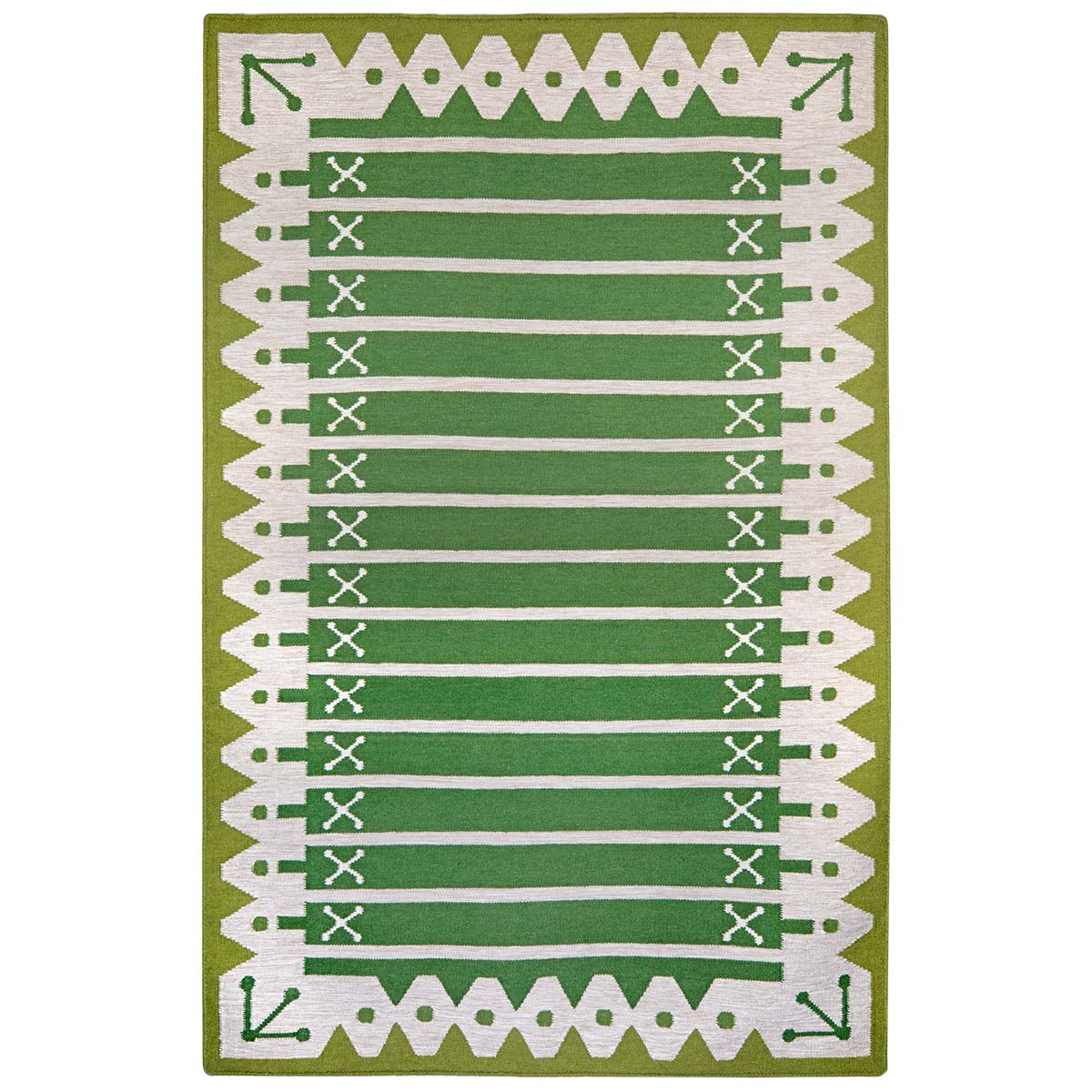 Darjeeling Green Stripe Flatweave Rug handwoven in bold stripes and decorative border.
