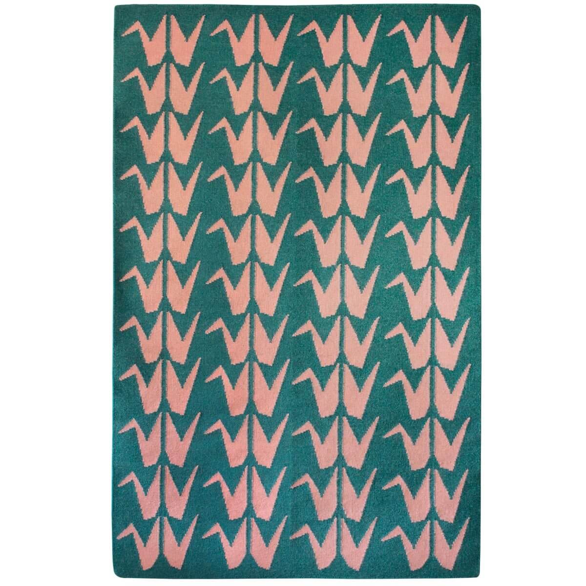 Green and Pink Flatweave Crane Rug