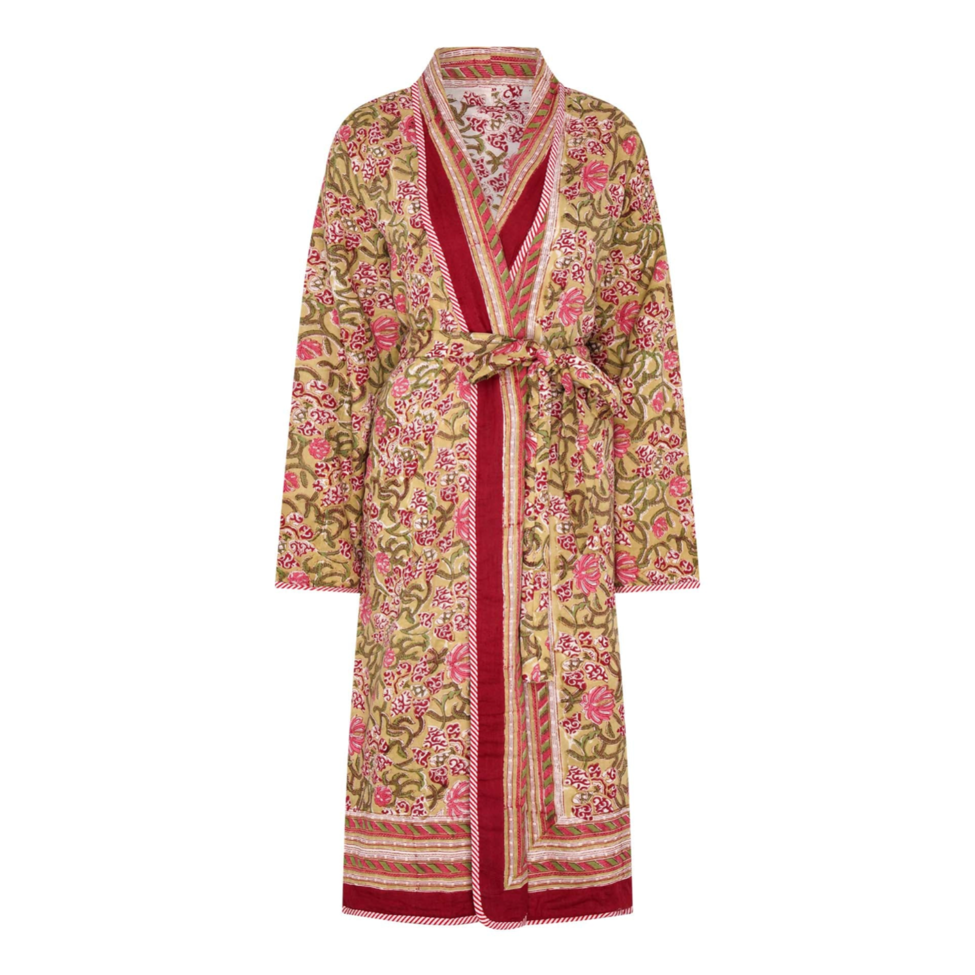 Floral patterned reversible block printed robe with red accents on a white background