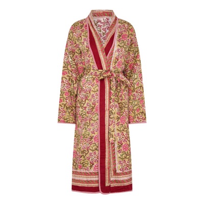 Floral patterned reversible block printed robe with red accents on a white background