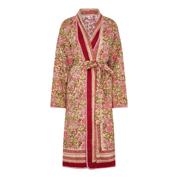 Floral patterned reversible block printed robe with red accents on a white background
