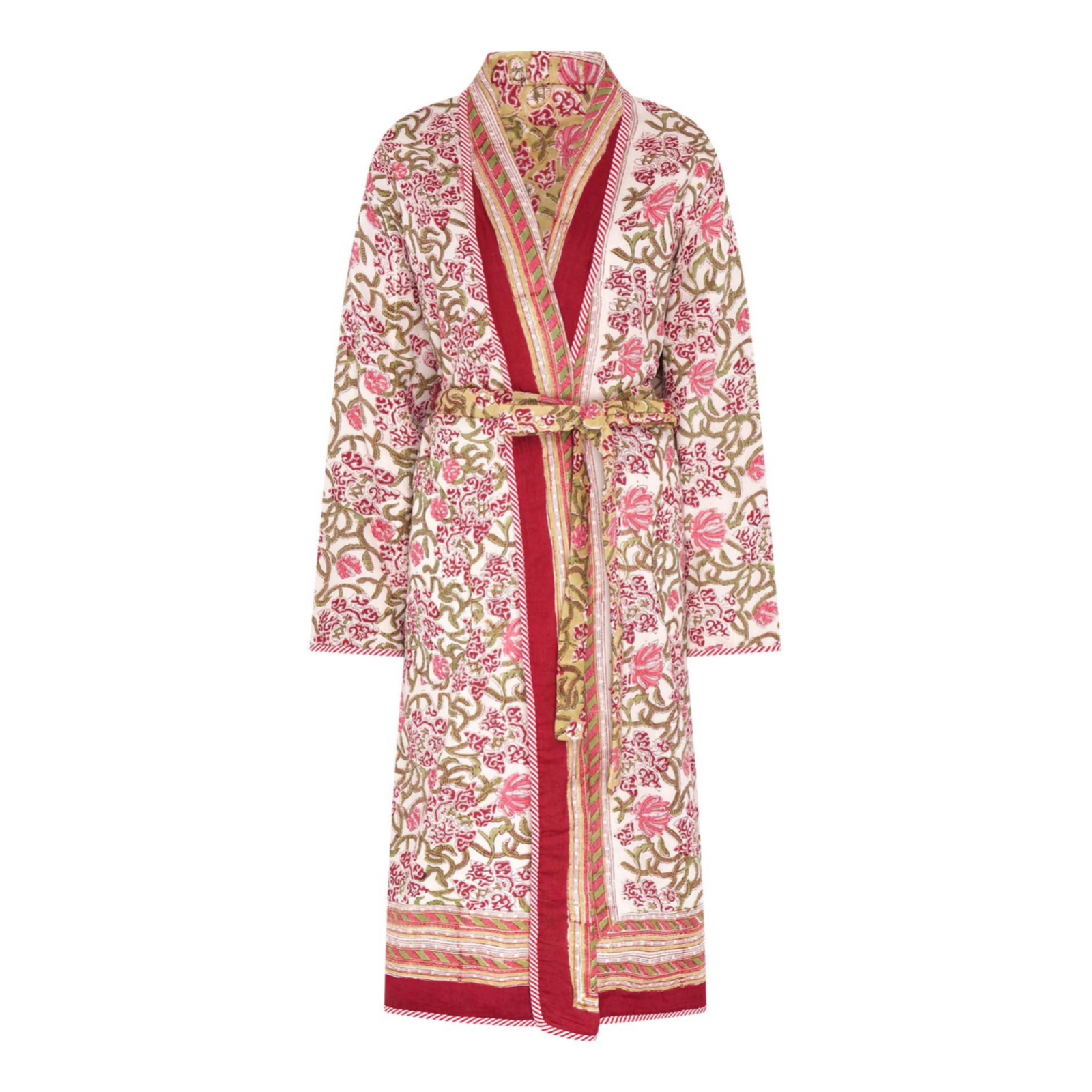 Floral patterned reversible block printed robe with red accents on a white background