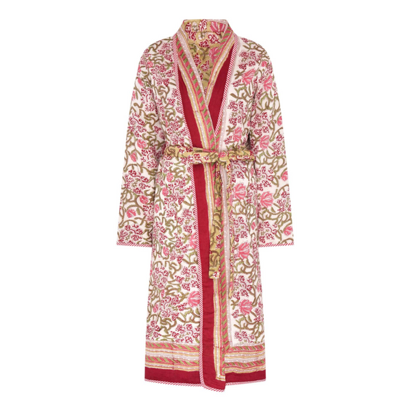 Floral patterned reversible block printed robe with red accents on a white background