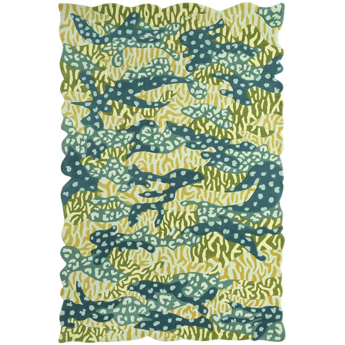 Green Big Cat Camo Rug hand tufted with camouflage and animal prints for a modern statement rug.