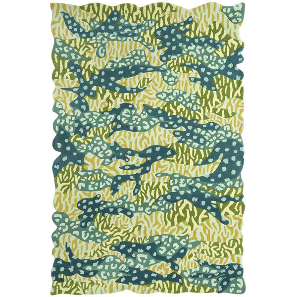 Green Big Cat Camo Rug hand tufted with camouflage and animal prints for a modern statement rug.