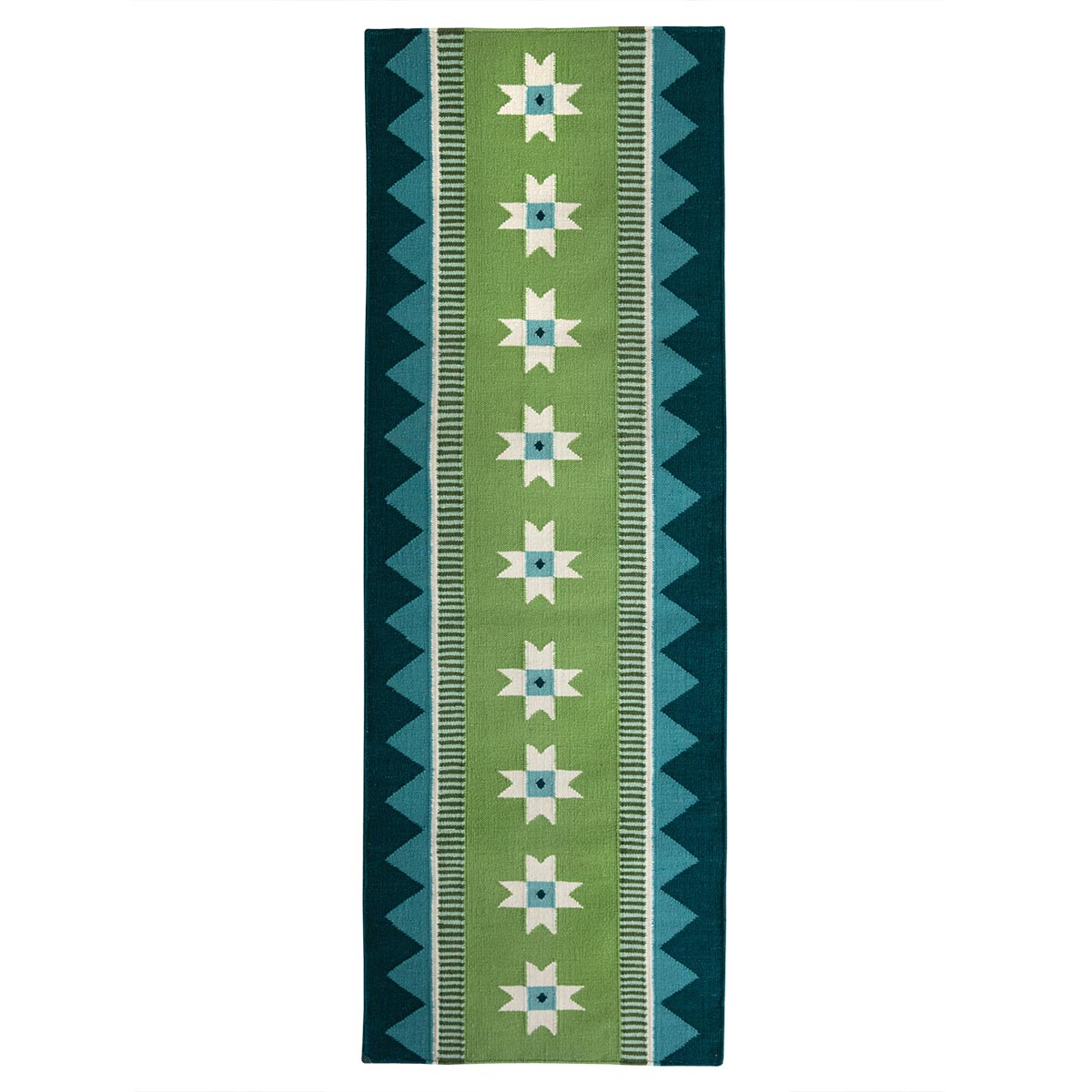Green runner rug handwoven from New Zealand wool with a geometric design of star motifs and a zig zag border inspired by Victorian tiles. 
