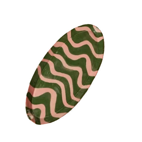 Green and pink serving platter with hand painted squiggles