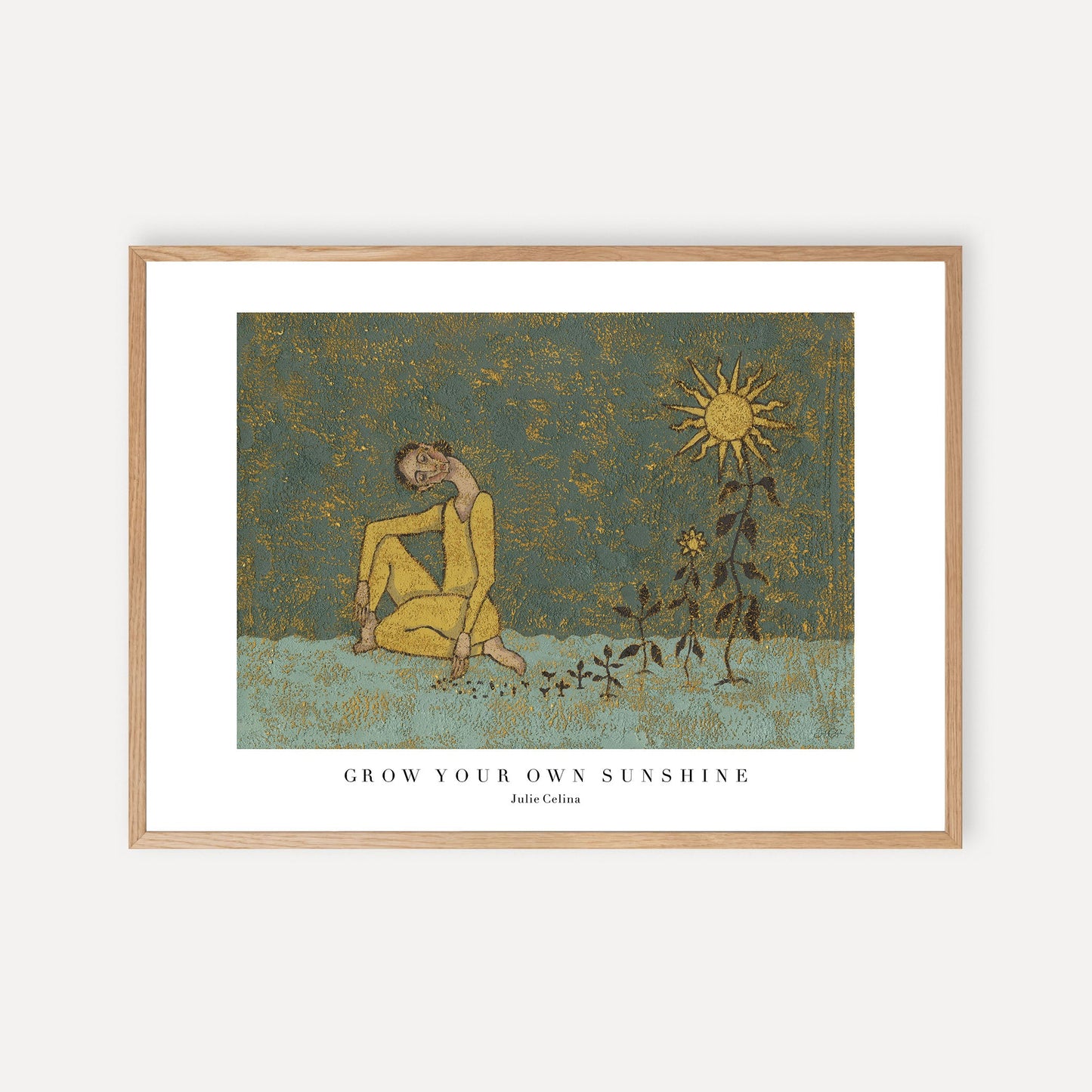 art print from original oil painting of a woman on the ground cultivating her own happiness in the form of flowering suns